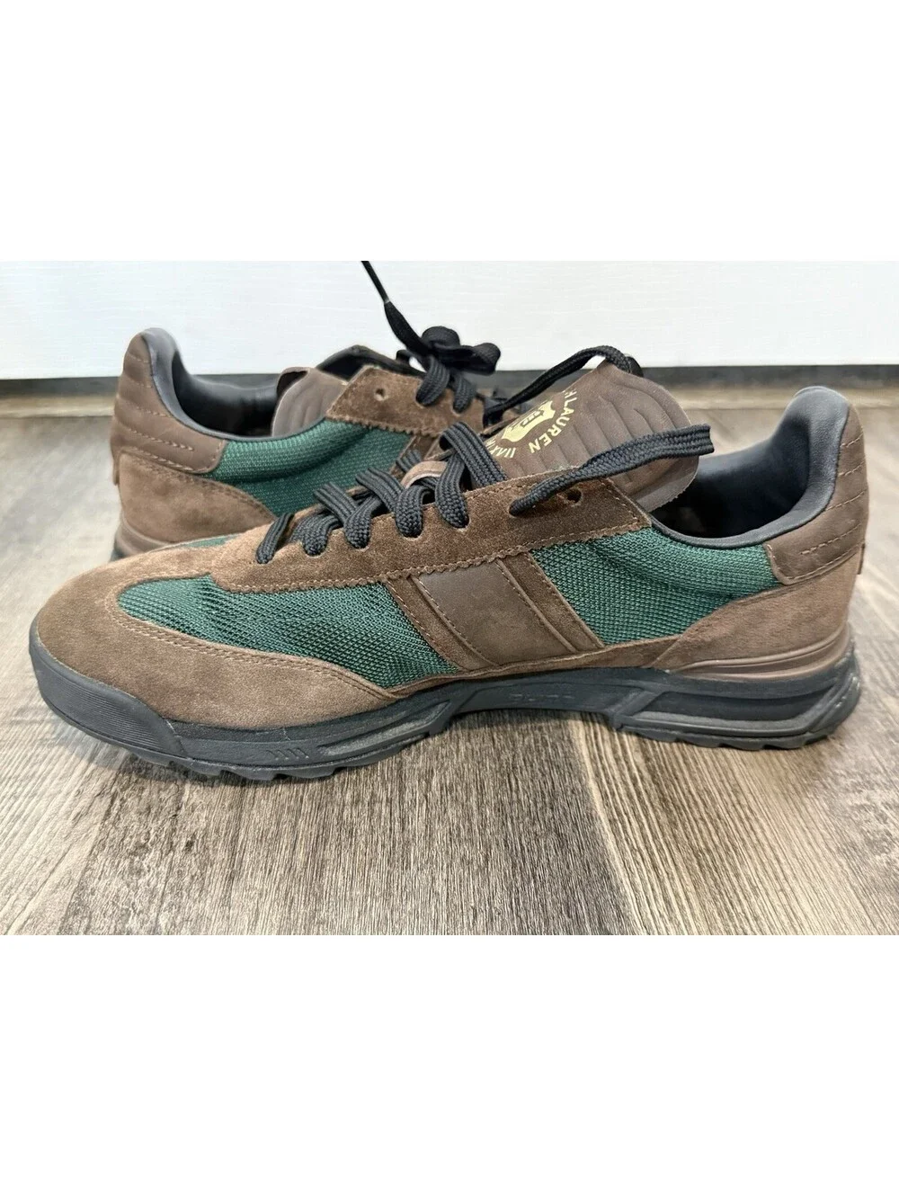Polo Ralph Lauren Varick Suede-Paneled Sneaker Chocolate Brown Forrest Green 7.5